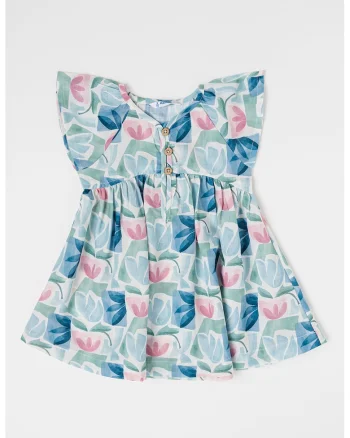Rochie cu maneci scurte si imprimeu floral, Verde/Roz/Albastru