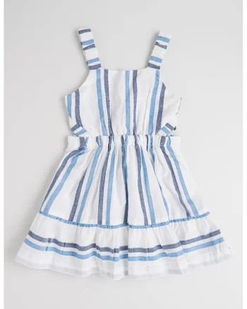 Rochie evazata cu model in dungi, Alb/Albastru deschis