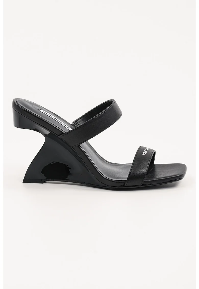 Papuci wedge din piele, Negru