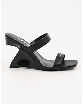 Papuci wedge din piele, Negru
