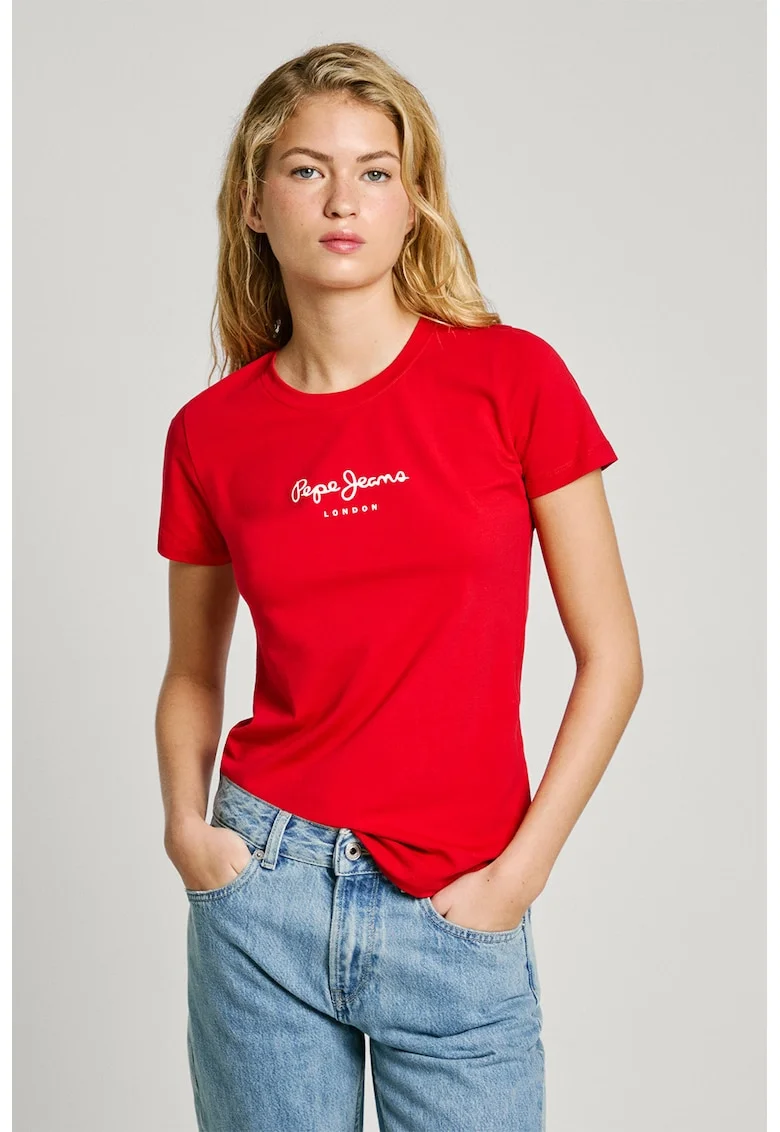 Tricou slim fit cu logo, Alb/Rosu vermillion
