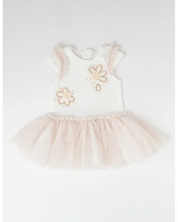 Rochie evazata cu tul, Alb/Bej deschis