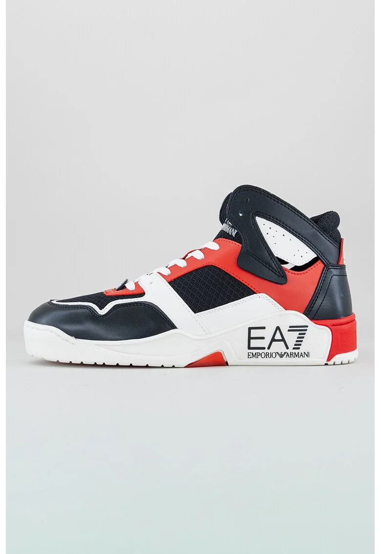 Pantofi sport mid-high de piele ecologica cu insertii de plasa, Rosu/Alb/Negru