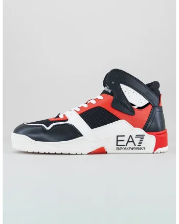 Pantofi sport mid-high de piele ecologica cu insertii de plasa, Rosu/Alb/Negru