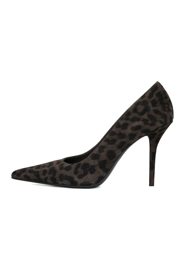 Pantofi stiletto de piele intoarsa cu animal print, Negru stins/Maro pamantiu