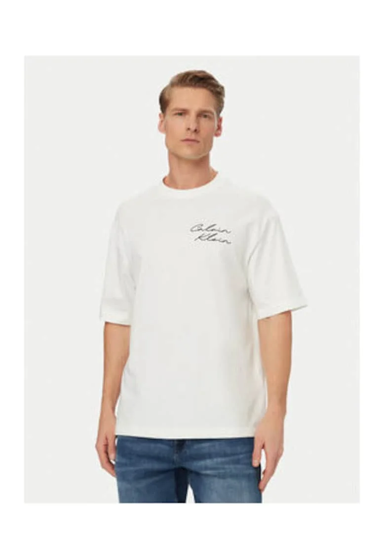 Tricou regular fit cu imprimeu logo si decolteu la baza gatului