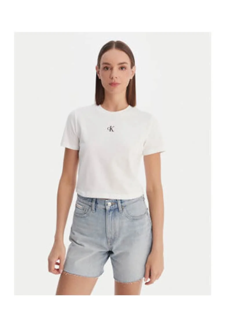 Tricou crop din amestec de bumbac cu detaliu logo