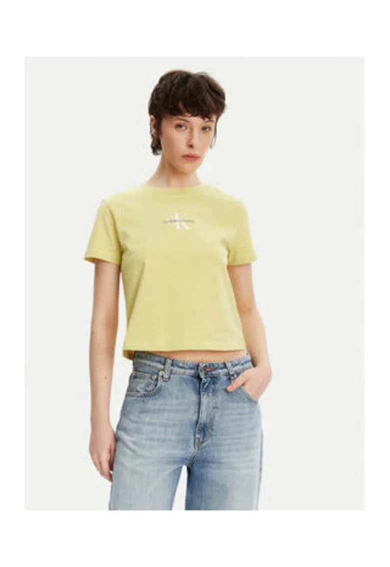 Tricou crop cu imprimeu logo si decolteu la baza gatului