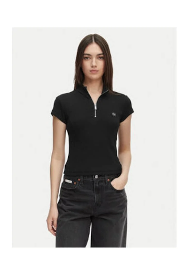 Tricou uni din bumbac, cu fermoar
