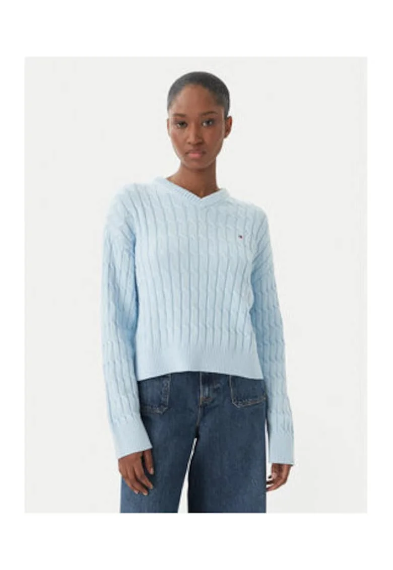 Pulover cu decolteu in V si model cable knit
