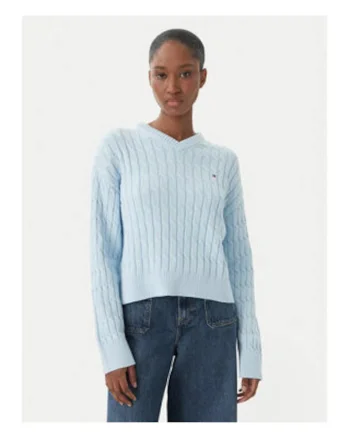 Pulover cu decolteu in V si model cable knit