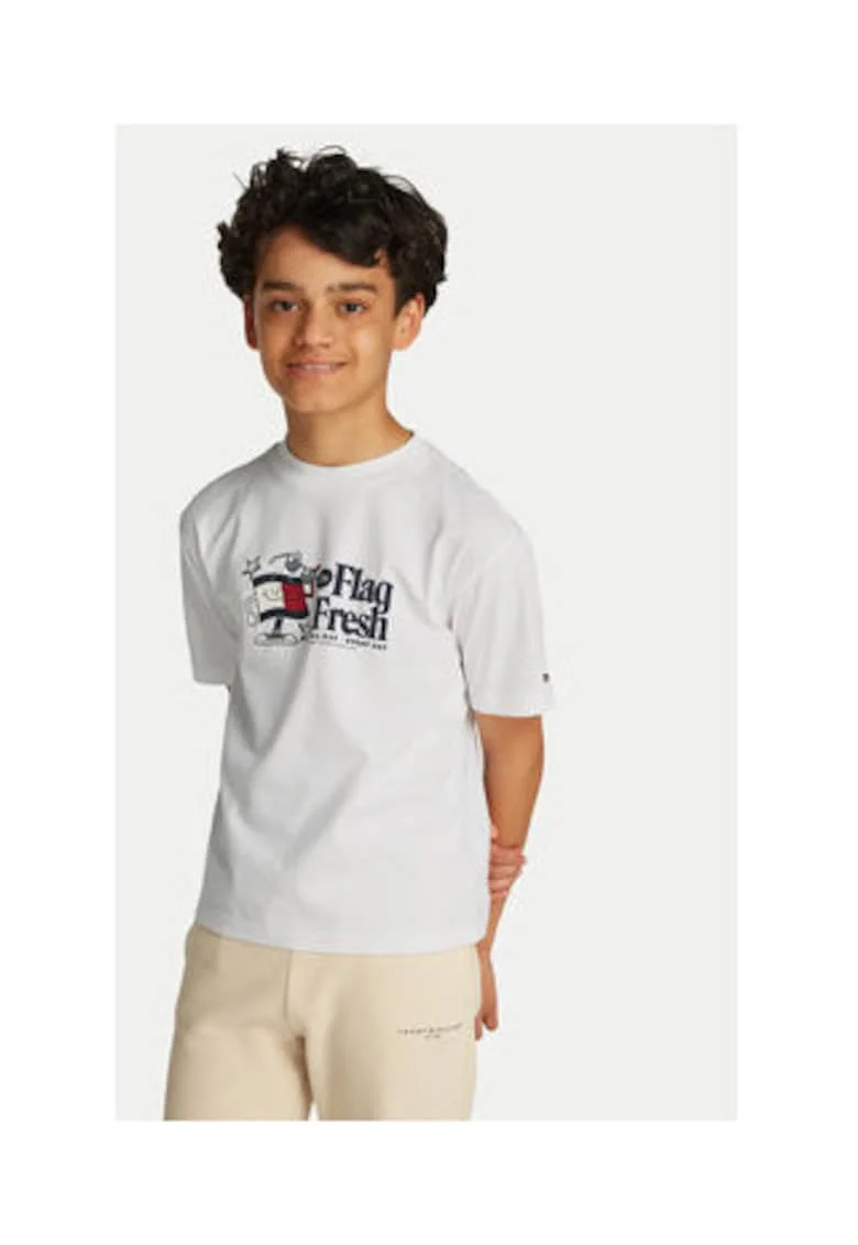Tricou cu imprimeu logo si decolteu la baza gatului, Alb