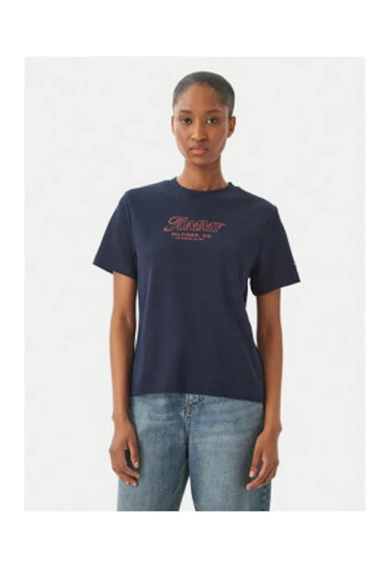 Tricou din bumbac cu decolteu la baza gatului si imprimeu logo