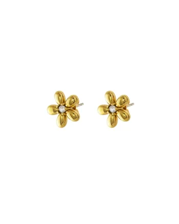 Cercei in forma de floare placati cu aur de 18K si zirconia, Auriu