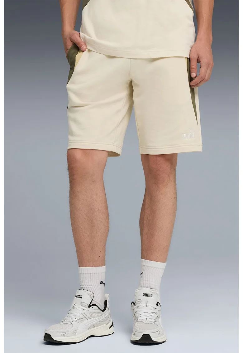 Pantaloni scurti cu benzi contrastante si logo brodat, Kaki/Maro camel