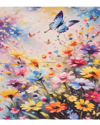 Esarfa patrata cu o singura fata, imprimeu floral multicolor cu fluturi