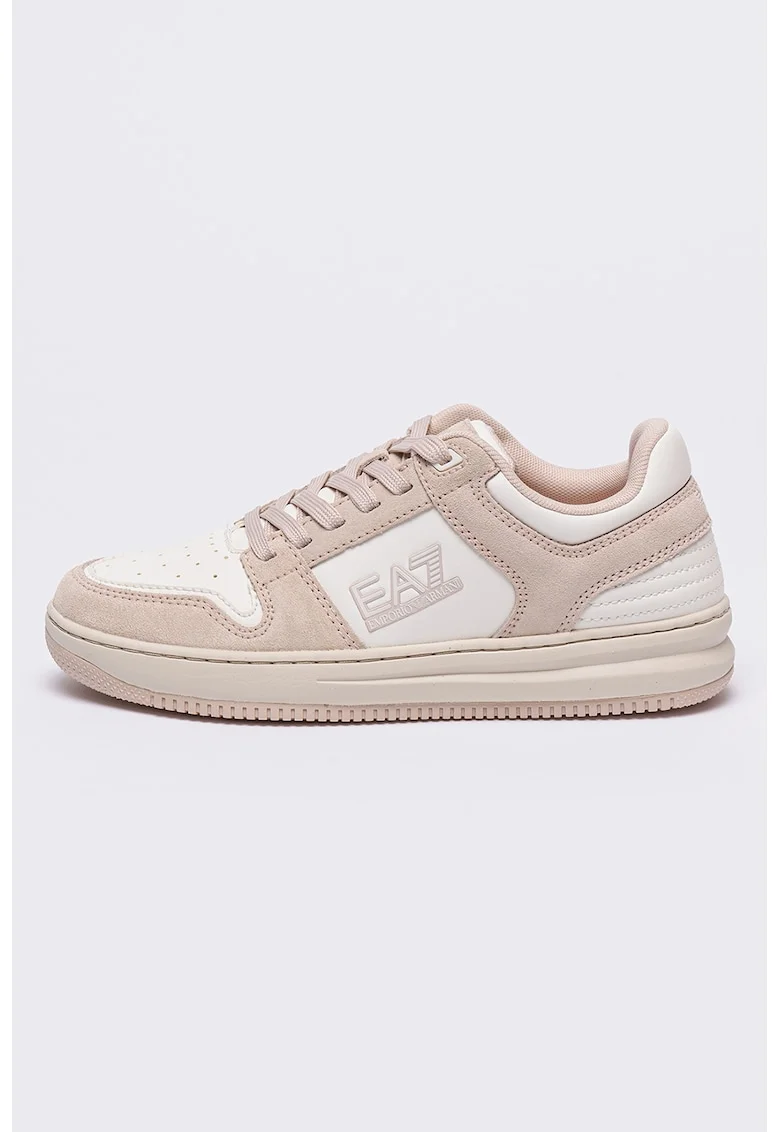 Pantofi sport cu detalii de piele intoarsa, Alb/Maro nisip/Roz