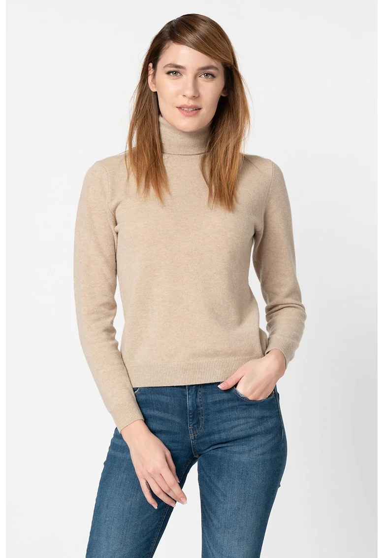 Pulover de lana virgina cu guler inalt, Maro deschis melange