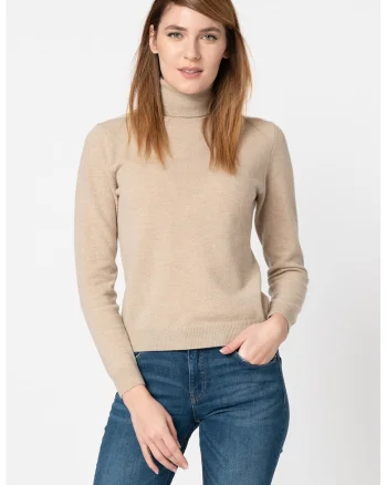 Pulover de lana virgina cu guler inalt, Maro deschis melange