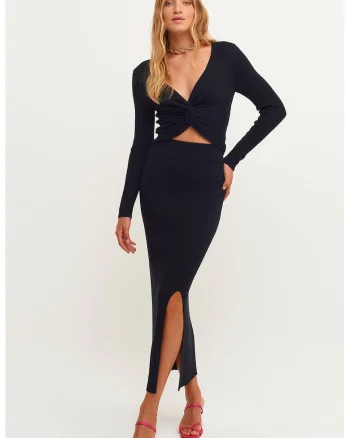 Fusta striata cu talie inalta si slit frontal, Negru