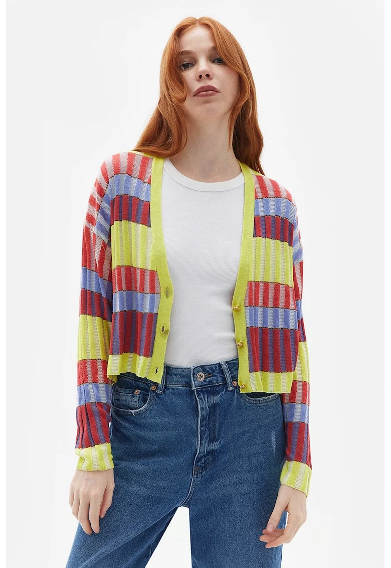Cardigan cu dungi si maneci cazute, Albastru pastel/Rosu inchis/Verde fistic