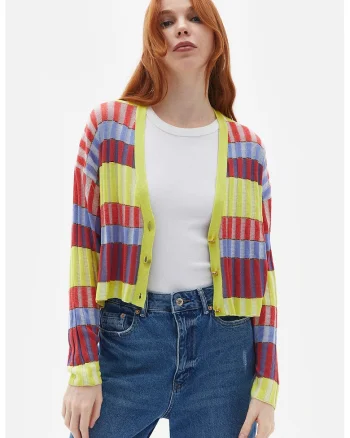 Cardigan cu dungi si maneci cazute, Albastru pastel/Rosu inchis/Verde fistic