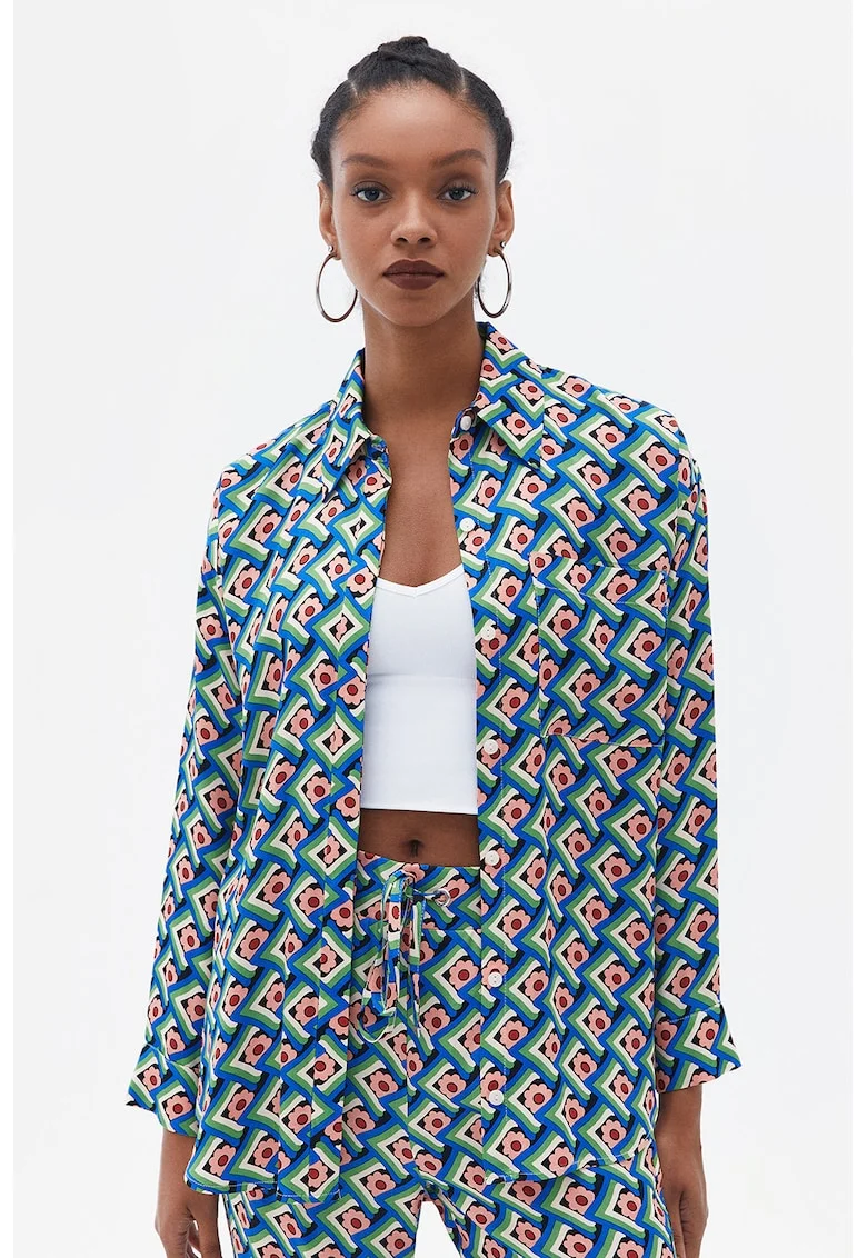Camasa cu maneci lungi si model, Roz pastel/Albastru royal/Verde aquamarin