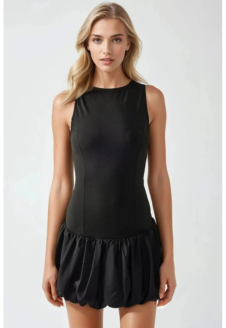 Rochie de dama  mini, guler rotund, imprimeu balon, negru, tricot