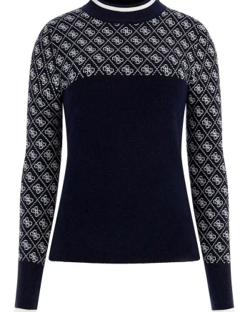 Pulover cu guler scurt si garnitura cu model, Bleumarin