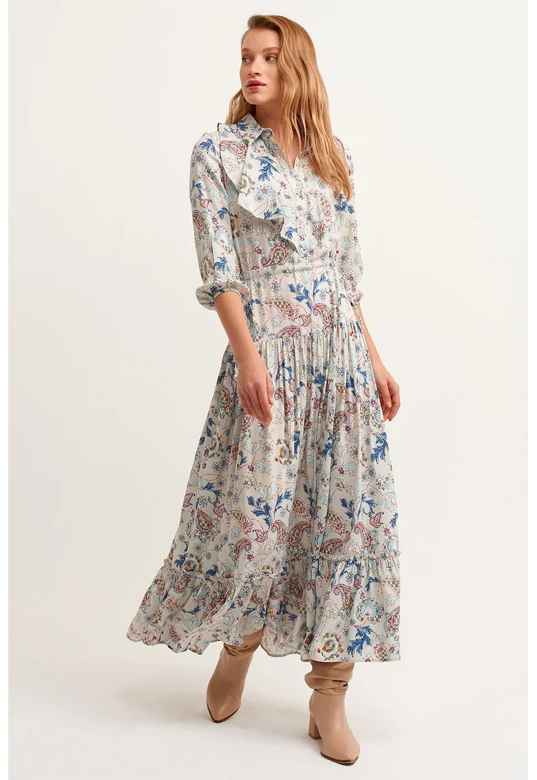 Rochie maxi cu garnituri cu volane si model, Multicolor