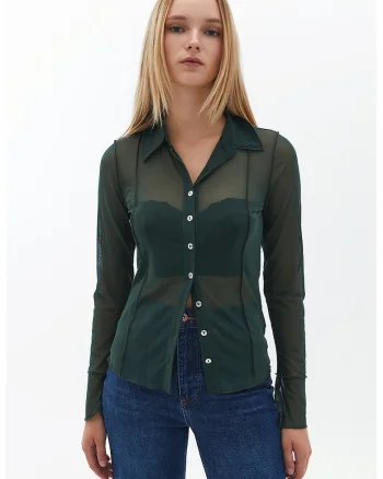 Camasa slim fit transparenta, Verde padure