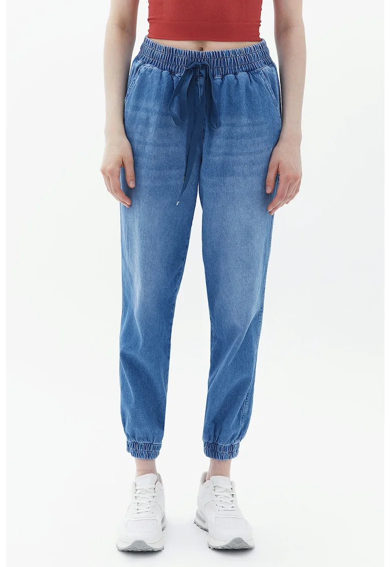 Blugi crop de bumbac cu snur, Albastru