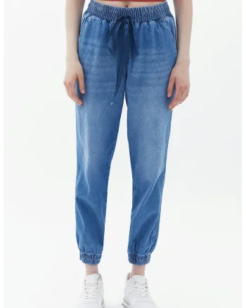 Blugi crop de bumbac cu snur, Albastru