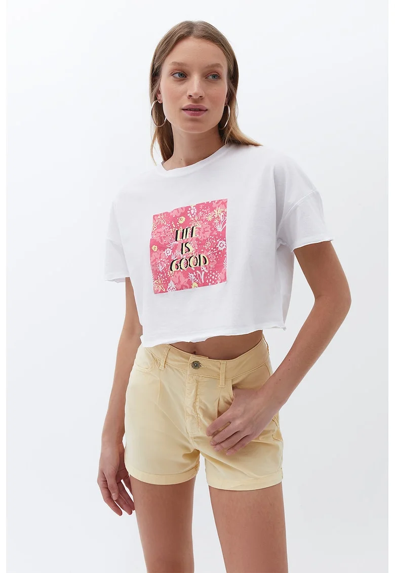 Tricou crop cu text, Alb/Galben/Roz