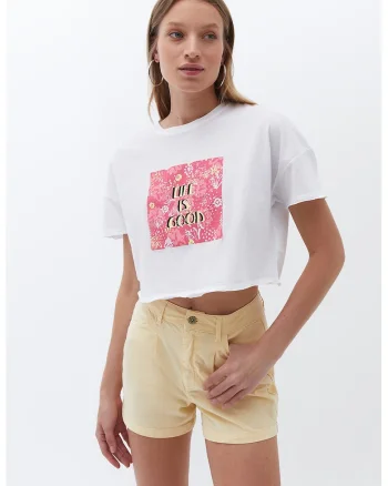 Tricou crop cu text, Alb/Galben/Roz