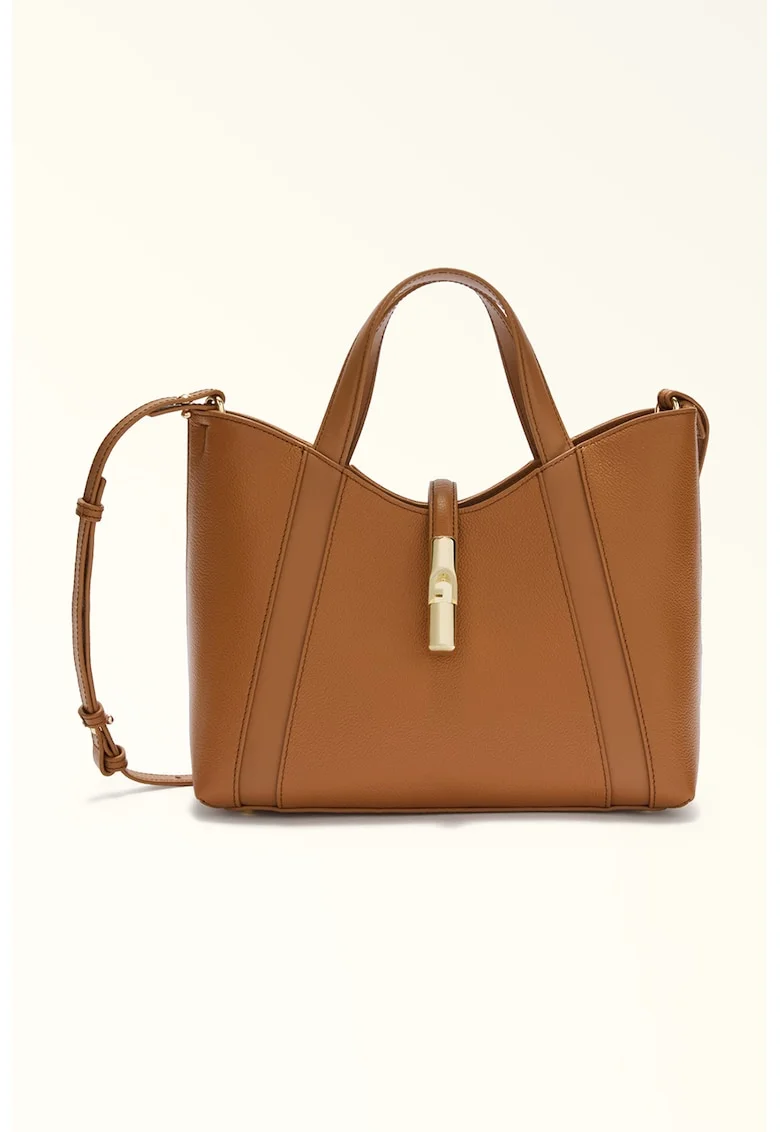Geanta shopper de piele cu bareta detasabila texturat, Caramel