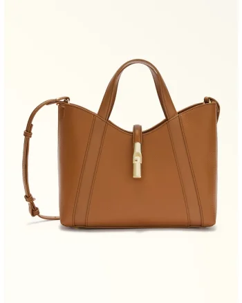 Geanta shopper de piele cu bareta detasabila texturat, Caramel