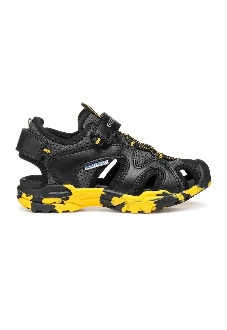 Sandale de piele ecologica si material textil cu banda velcro Borealis, Negru/Galben