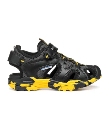 Sandale de piele ecologica si material textil cu banda velcro Borealis, Negru/Galben
