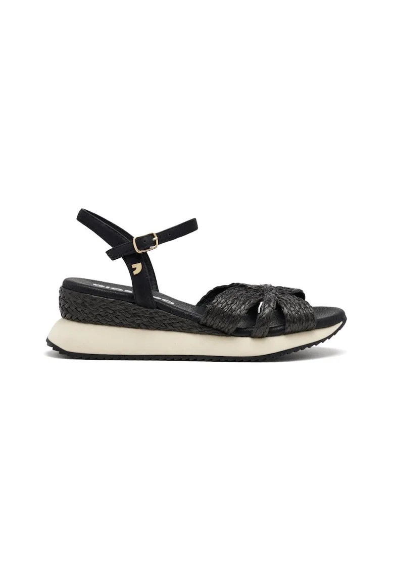 Sandale din piele ecologica impletita cu talpa wedge, Negru