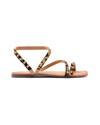 Sandale de piele cu par scurt, cu animal print Ogema, Maro inchis/Maro nisip