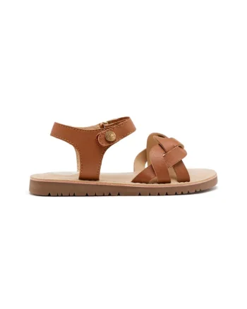 Sandale din piele cu talpa plata si inchidere velcro, Caramel