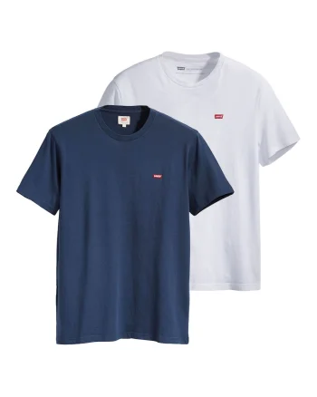 Set de tricouri din bumbac cu logo brodat discret - 2 piese, Alb/Albastru