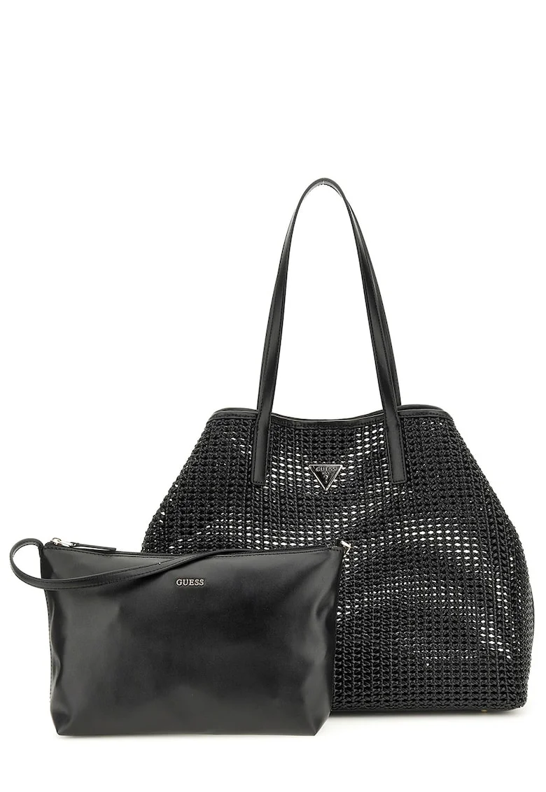 Set de geanta shoppe si etui cu aspect tesut Brigitta, Negru