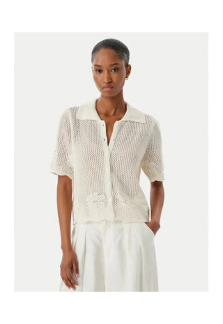 Cardigan dama,  bej, bumbac organic, poliester, acril, maneca scurta