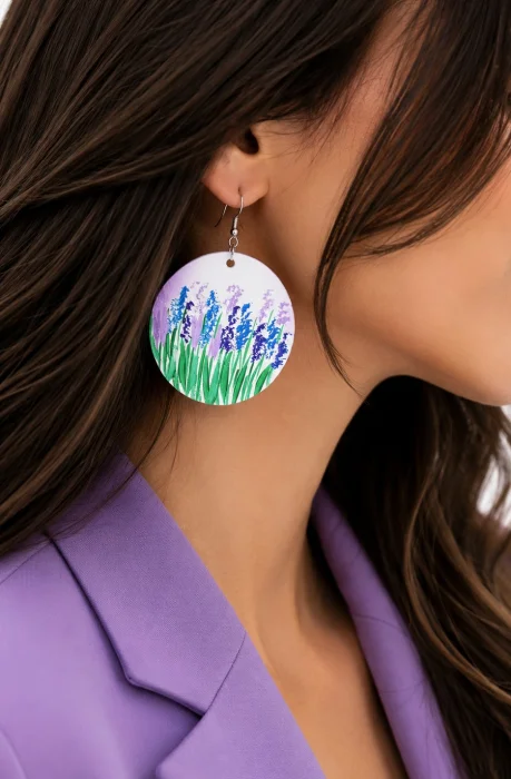 Cercei albi handmade din piele naturala  , cu lavanda pictata  ,unicat