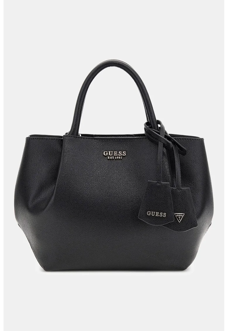 Geanta shopper din piele ecologica cu logo metalic, Negru