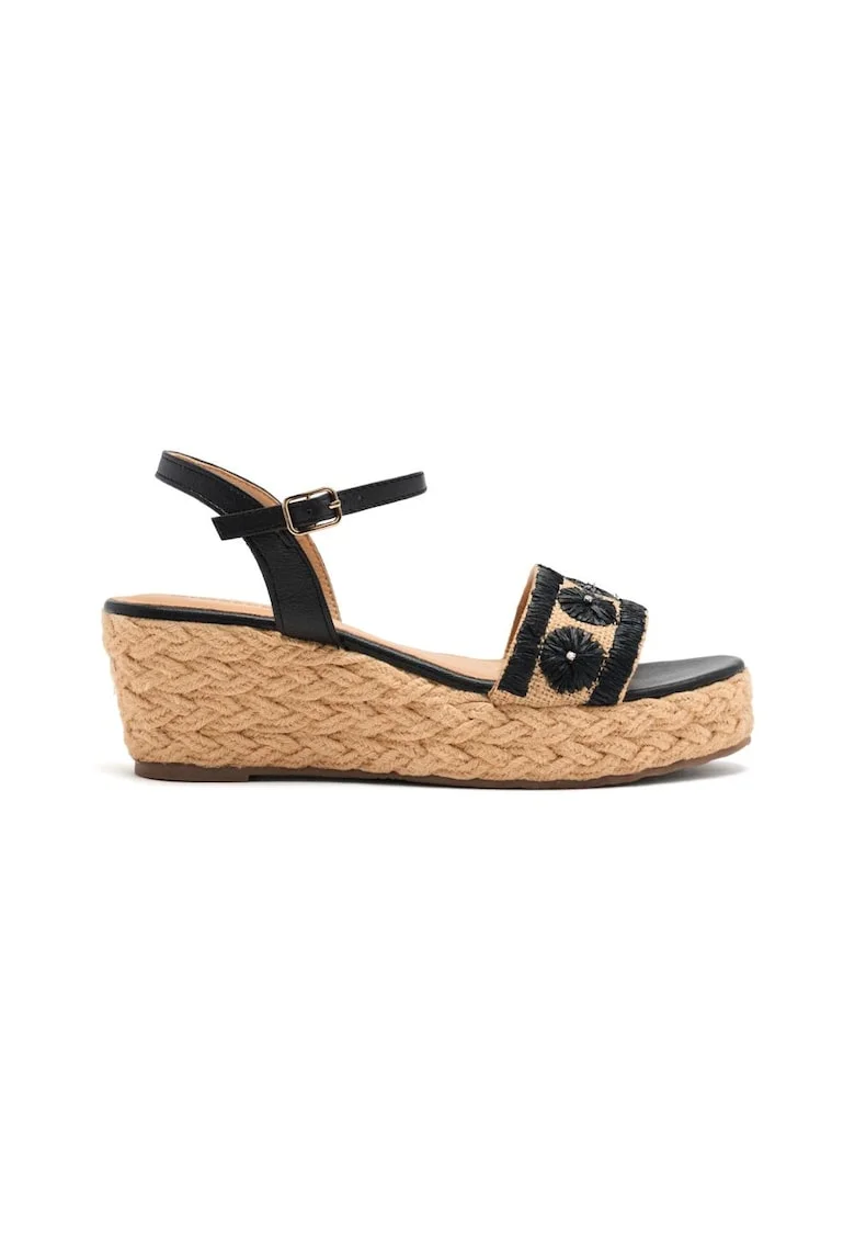 Sandale impletite cu garnituri din piele si talpa wedge, Negru