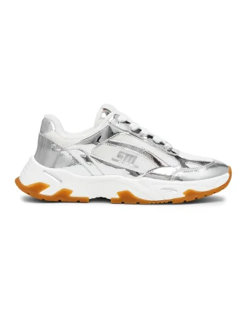 Pantofi sport cu piele intoarsa Sneak Peak-E, Alb optic/Caramel/Argintiu