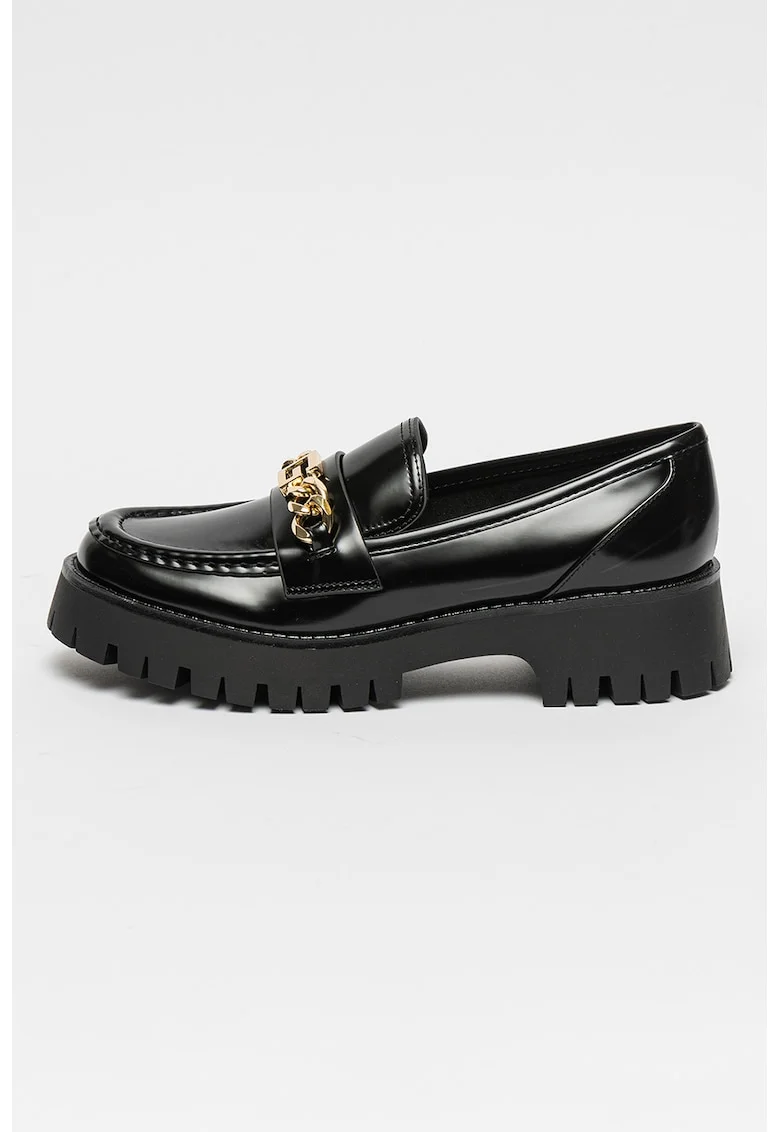 Pantofi loafer de piele ecologica lacuita cu detaliu de lant Almosty, Auriu/Negru